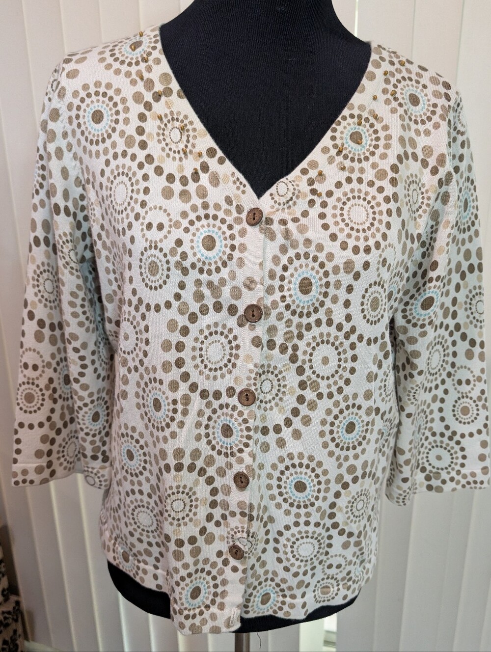 Christopher & Banks White Cardigan with Brown and Blue Geometric Pattern